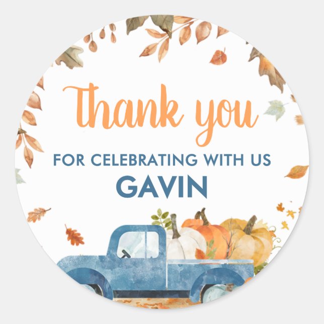 Boy Blue Pumpkin Truck Fall Birthday  Classic Round Sticker (Front)