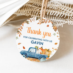 Boy Blue Pumpkin Truck Fall Birthday Round Favour Tags