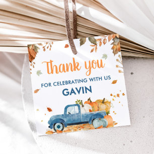 Boy Blue Pumpkin Truck Fall Birthday Square Favour Tags
