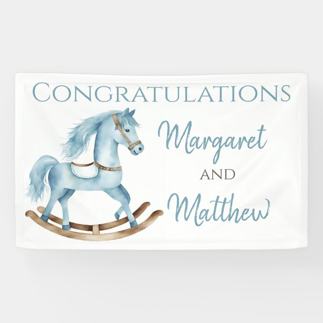 Boy Blue Rocking Horse Baby Shower Party Banner (Horizontal)