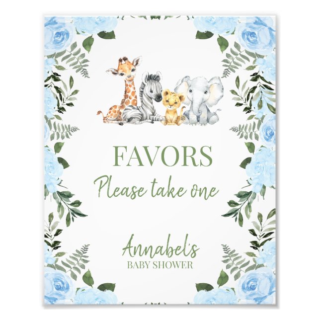 Boy Blue Roses Safari Baby Shower Favors Sign (Front)