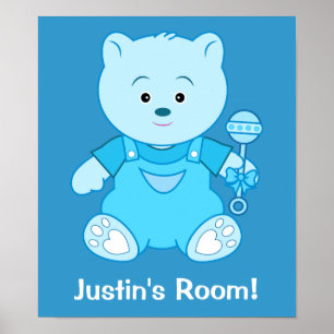Boy Blue Teddy Bear with Rattle: Name Customizable Poster