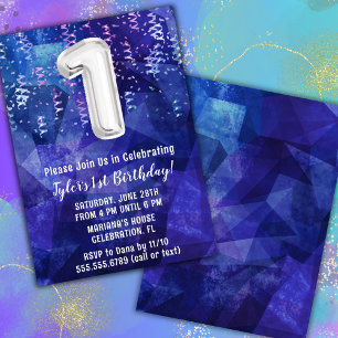 Boy Blue White 1st Birthday Invitation