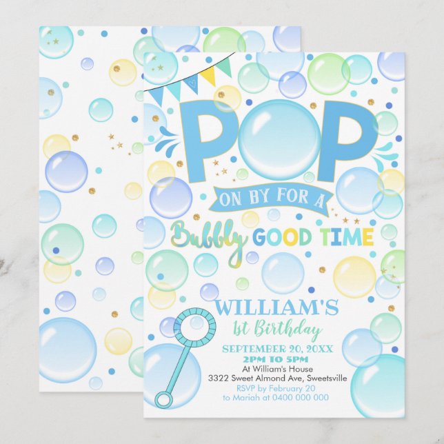 Boy Bubbles Birthday Invitation Pop Birthday (Front/Back)