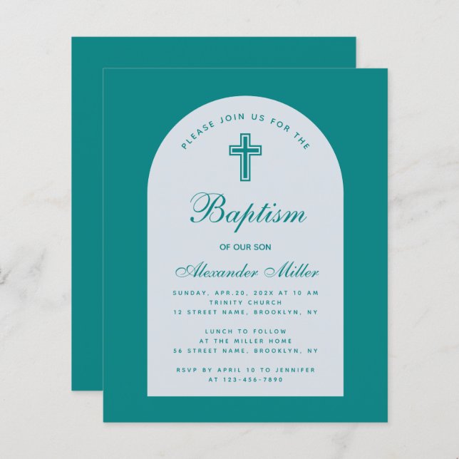 Boy Budget Teal Script Arch Baptism Invitation (Front/Back)