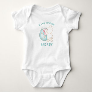 Boy Bunny & Blue Egg 1st Easter Personalized Name Baby Bodysuit