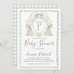 Boy Bunny Rabbit Baby Shower Preppy Sage Green  Invitation