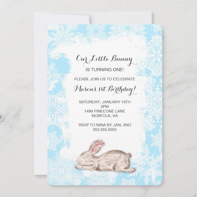 Boy Bunny Rabbit Winter Birthday Party Invite (Front)