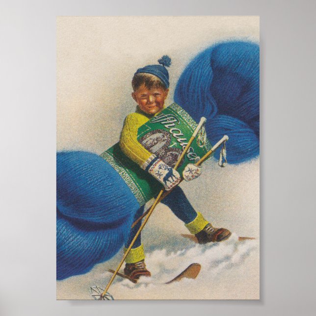 Boy Carrying Giant Skein of Yarn Vintage Poster (Front)