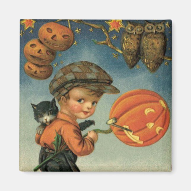 Boy Cat Jack O' Lantern Owl Stars Magnet (Front)
