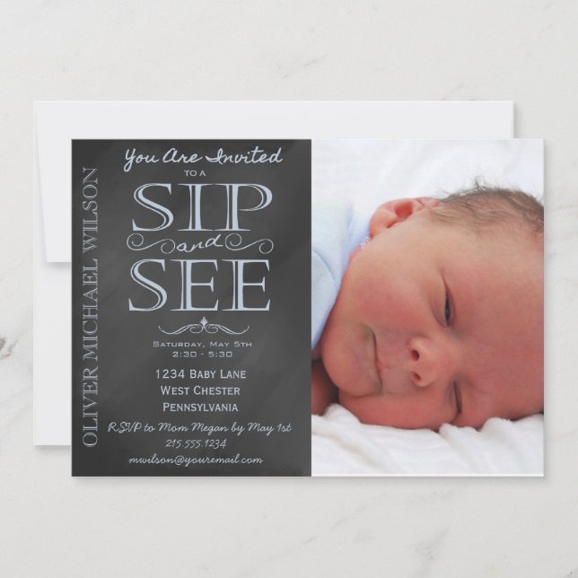 Boy Chalkboard Photo Sip and See Invitation (Front)