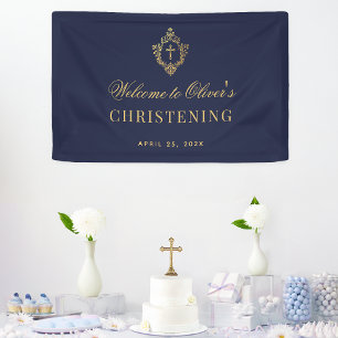 Boy Christening Navy Blue Faux Gold Vintage Crest Banner