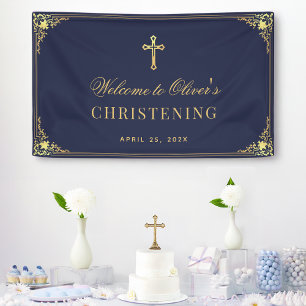 Boy Christening Navy Blue Gold Vintage Baptism Banner