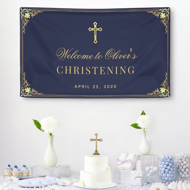 Boy Christening Navy Blue Gold Vintage Baptism Banner (Creator Uploaded)