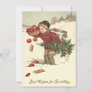 Boy Christmas Tree Presents Cottage Snow Holiday Card