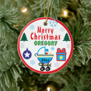 Boy Christmas Trees NAME Blue Carriage Ceramic Ornament