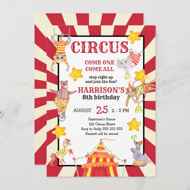 Boy Circus Party Birthday Carnival Invitation (Front/Back)