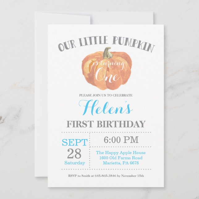 Boy Citrouille First Birthday Invitation Blue (Devant)