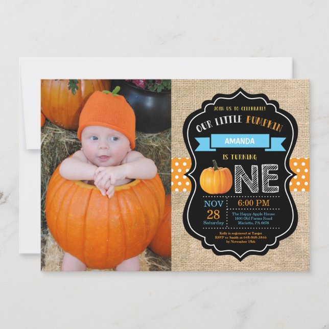 Boy Citrouille First Birthday Invitation Burlap Bl (Devant)