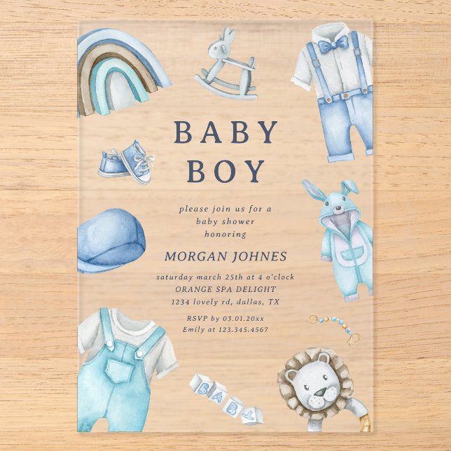 Boy Clothes Nursery Baby Shower Acrylic Invitations (Front)