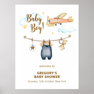 Boy Clothesline Airplane Sky Baby Shower Welcome Poster