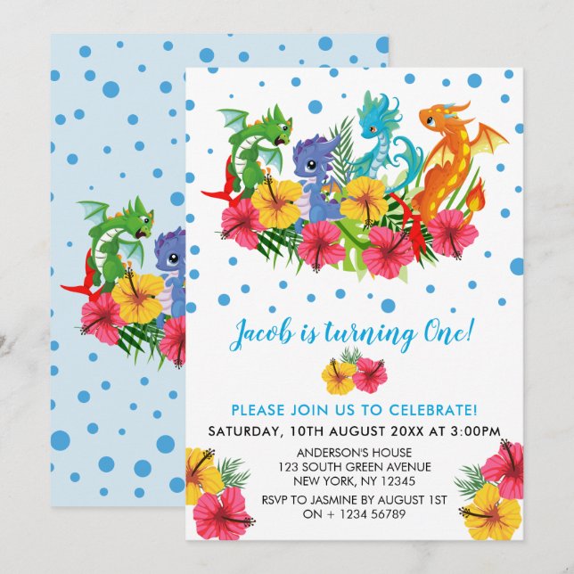 Boy Colourful  Dinosaur Tropical First Birthday Invitation (Front/Back)
