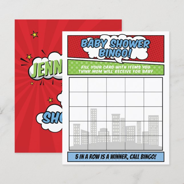Boy Comic Book Superhero Baby Shower Bingo Game (Front/Back)