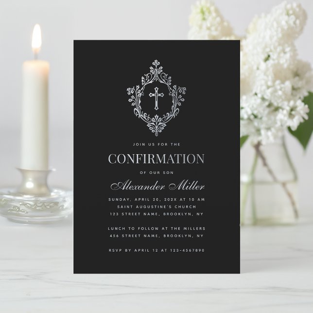 Boy Confirmation Black Vintage Faux Silver Crest Invitation (Creator Uploaded)