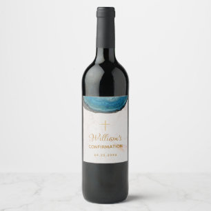 Boy Confirmation Blue Geode Gold Marble Script Wine Label