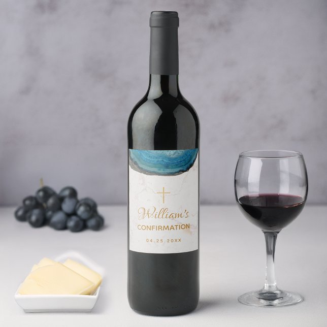 Boy Confirmation Blue Geode Gold Marble Script Wine Label (Creator Uploaded)