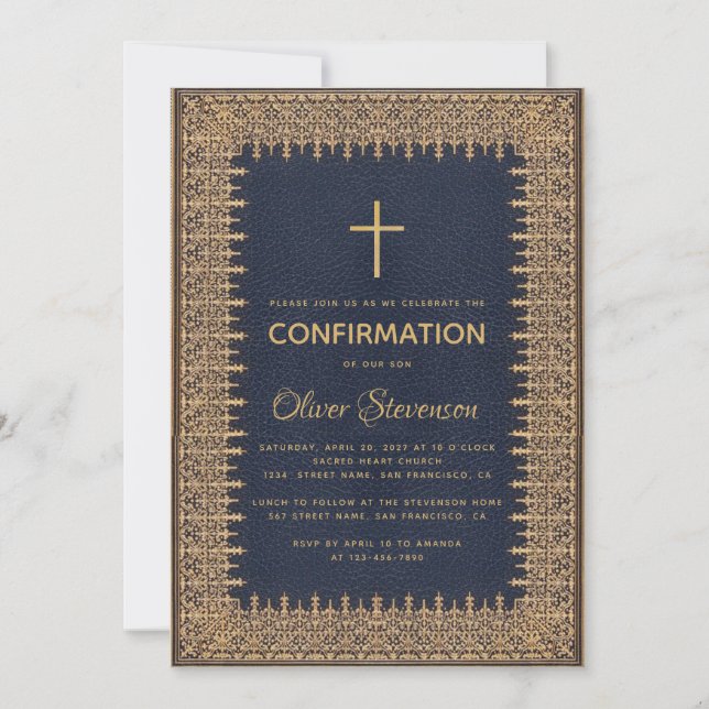 Boy Confirmation Blue Vintage Frame Gold Cross Invitation (Front)
