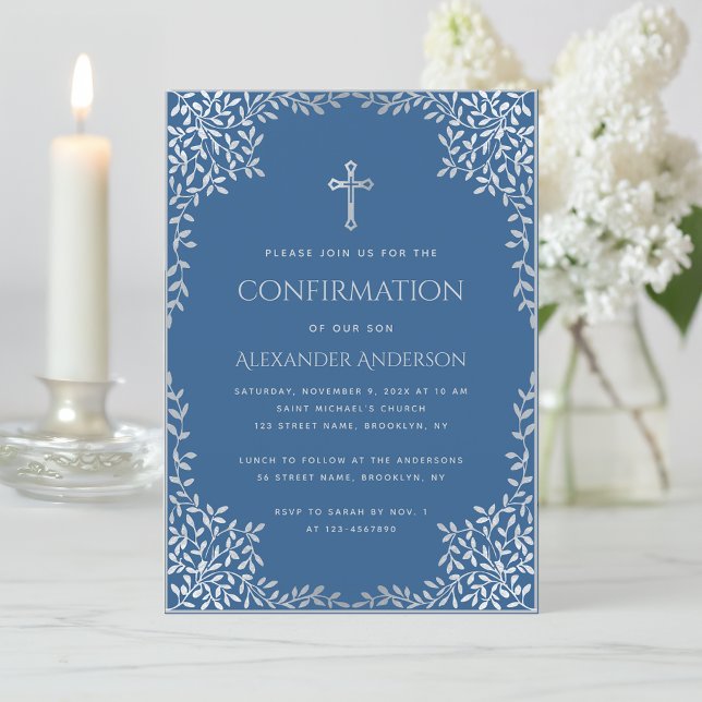Boy Confirmation Classic Blue Silver Leaves Cross  Invitation (Creator Uploaded)