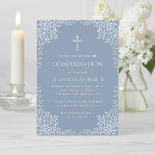 Boy Confirmation Dusty Blue Elegant Silver Leaves Invitation
