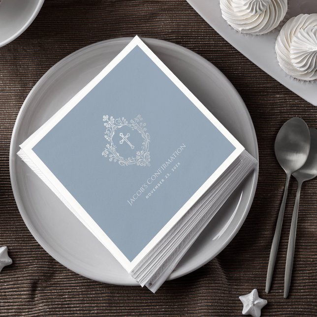Boy Confirmation Dusty Blue Vintage Crest Elegant Napkin (Creator Uploaded)