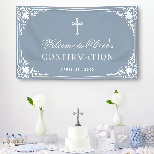 Boy Confirmation Dusty Blue Vintage White Script Banner (Creator Uploaded)