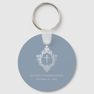 Boy Confirmation Favours Dusty Blue Vintage Crest Keychain