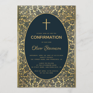 Boy Confirmation Gold Leaves Cross Elegant Blue Invitation