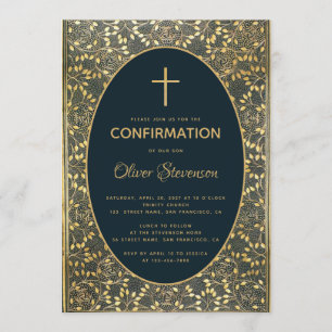Boy Confirmation Gold Leaves Cross Elegant Blue Invitation