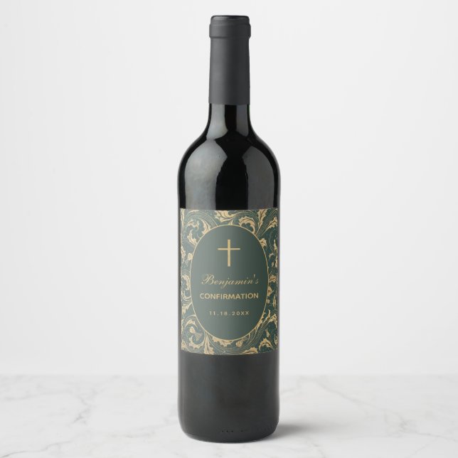 Boy Confirmation Gold Thistle Cross Elegant Green Wine Label (Front)