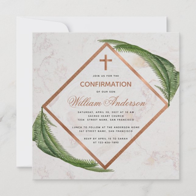Boy Confirmation Greenery Copper Fern Cross Marble Invitation (Front)