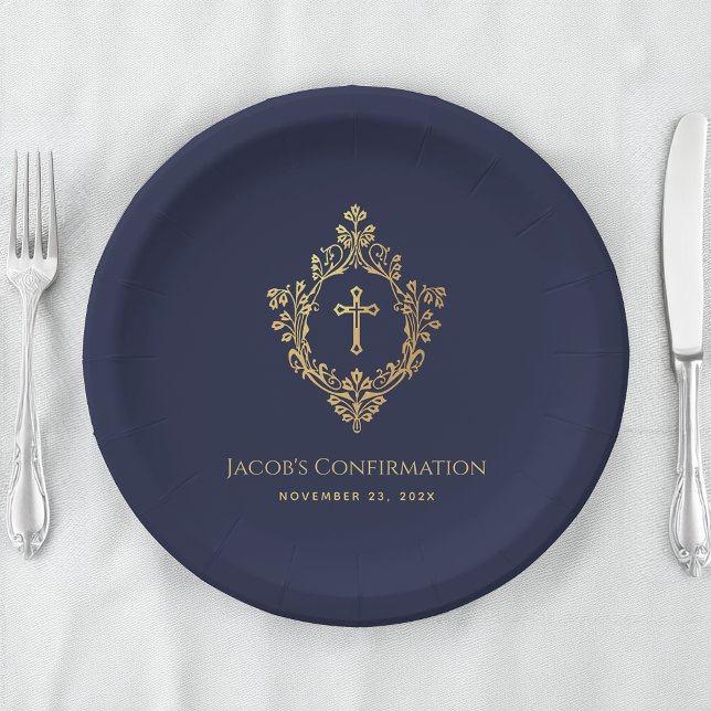 Boy Confirmation Navy Blue Faux Gold Cross Crest Paper Plate (Creator Uploaded)