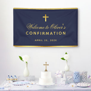 Boy Confirmation Navy Blue Faux Gold Cross Welcome Banner
