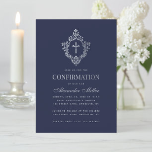 Boy Confirmation Navy Blue Faux Silver Crest Cross Invitation