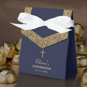 Boy Confirmation Navy Blue Gold Roses Vintage Favor Box