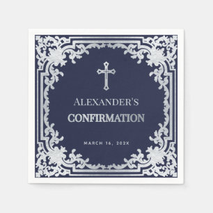 Boy Confirmation Navy Blue Vintage Faux Silver Napkin
