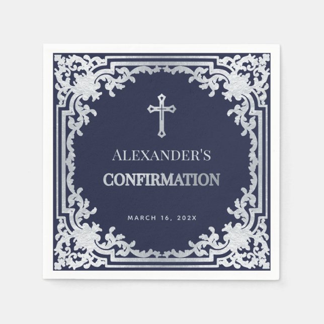 Boy Confirmation Navy Blue Vintage Faux Silver  Napkin (Front)
