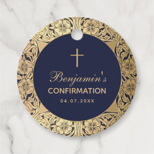Boy Confirmation Navy Blue Vintage Gold Roses Favour Tags