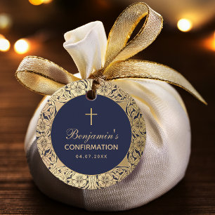 Boy Confirmation Navy Blue Vintage Gold Roses Favour Tags