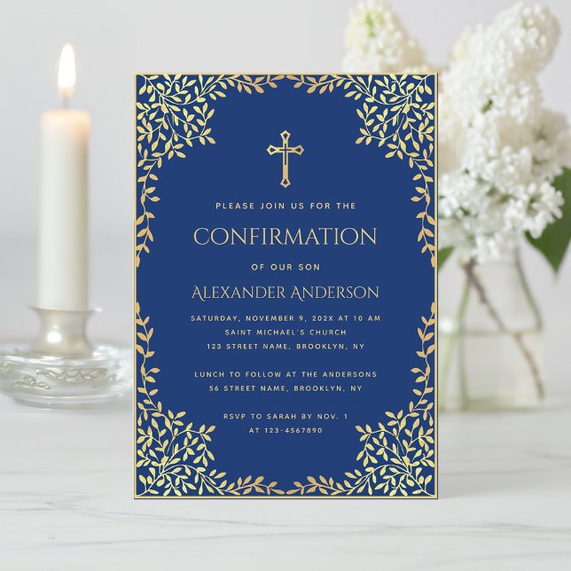 Boy Confirmation Royal Blue Faux Gold Leaves Cross Invitation (Creator Uploaded)