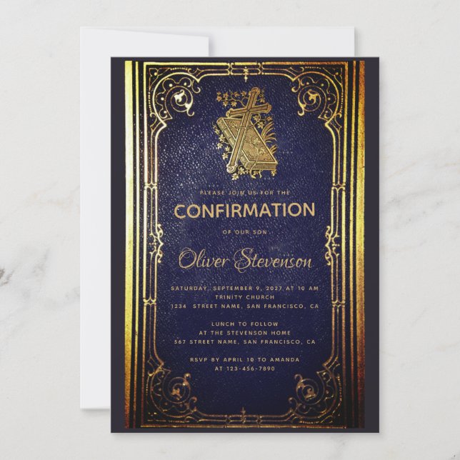Boy Confirmation Vintage Blue Gold Book Elegant  Invitation (Front)